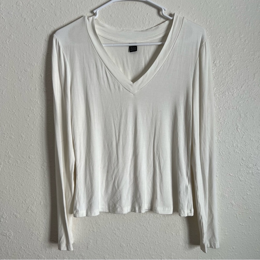 Size L SHEIN Stretchy Classic Women's V-Neck Long Sleeve Top - White